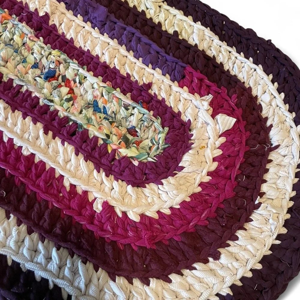 Handmade Purple Magenta Colorful Crocheted T-Shirt Knit Oval Rug Door Mat